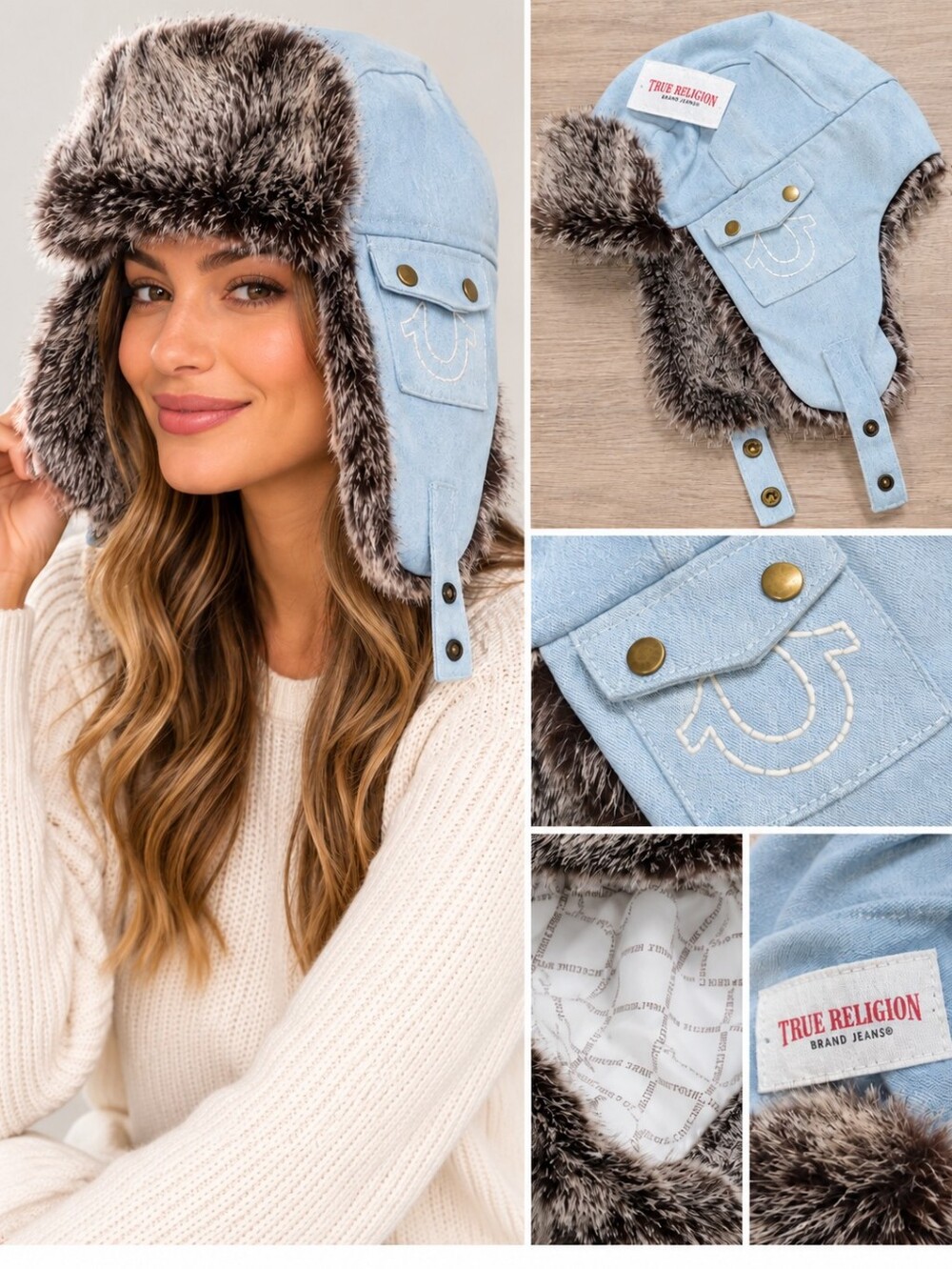 True Religion Light Blue Denim Trapper Hat with Brown Fur